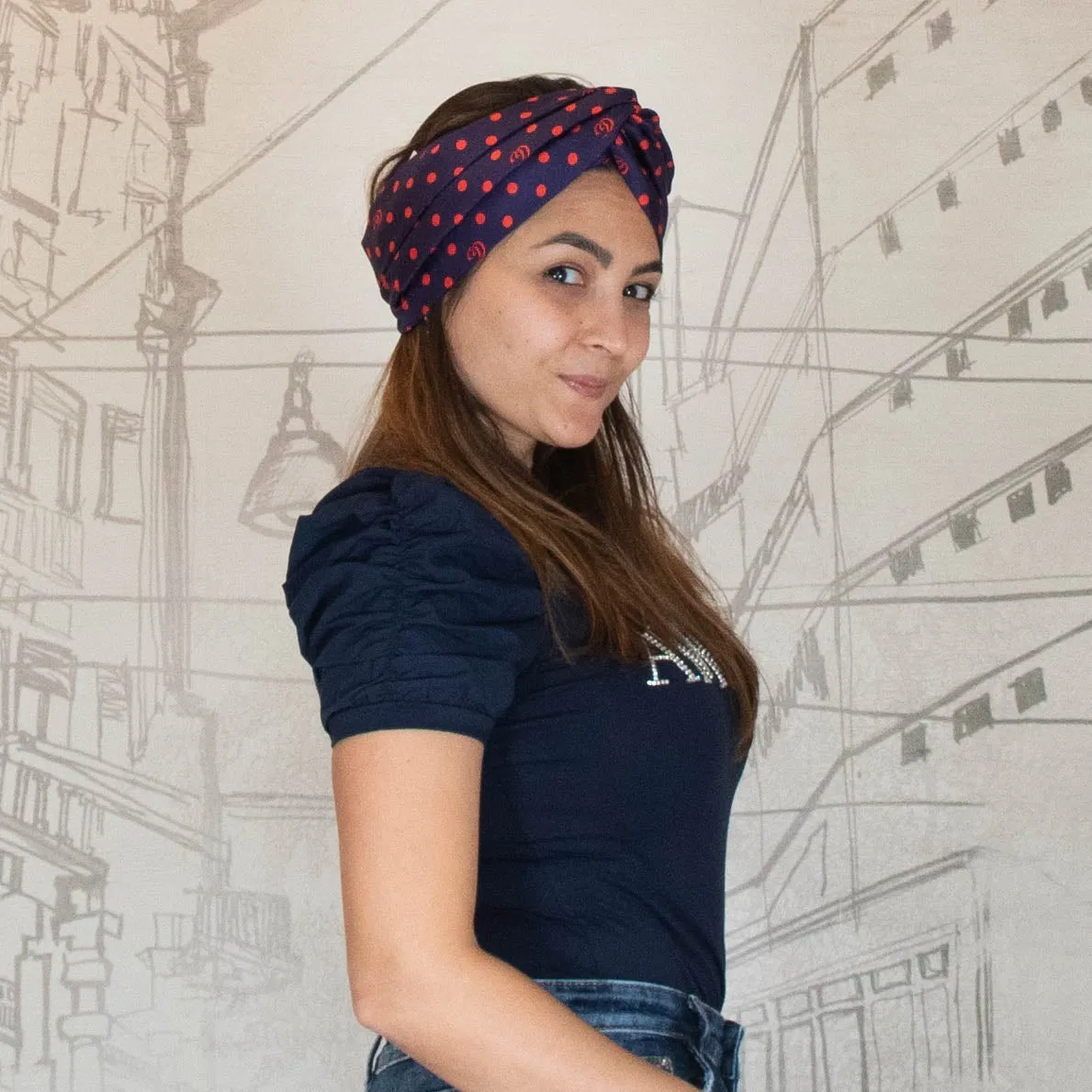 Gucci Navy Headband with Red Polka Dots and Interlocking GG