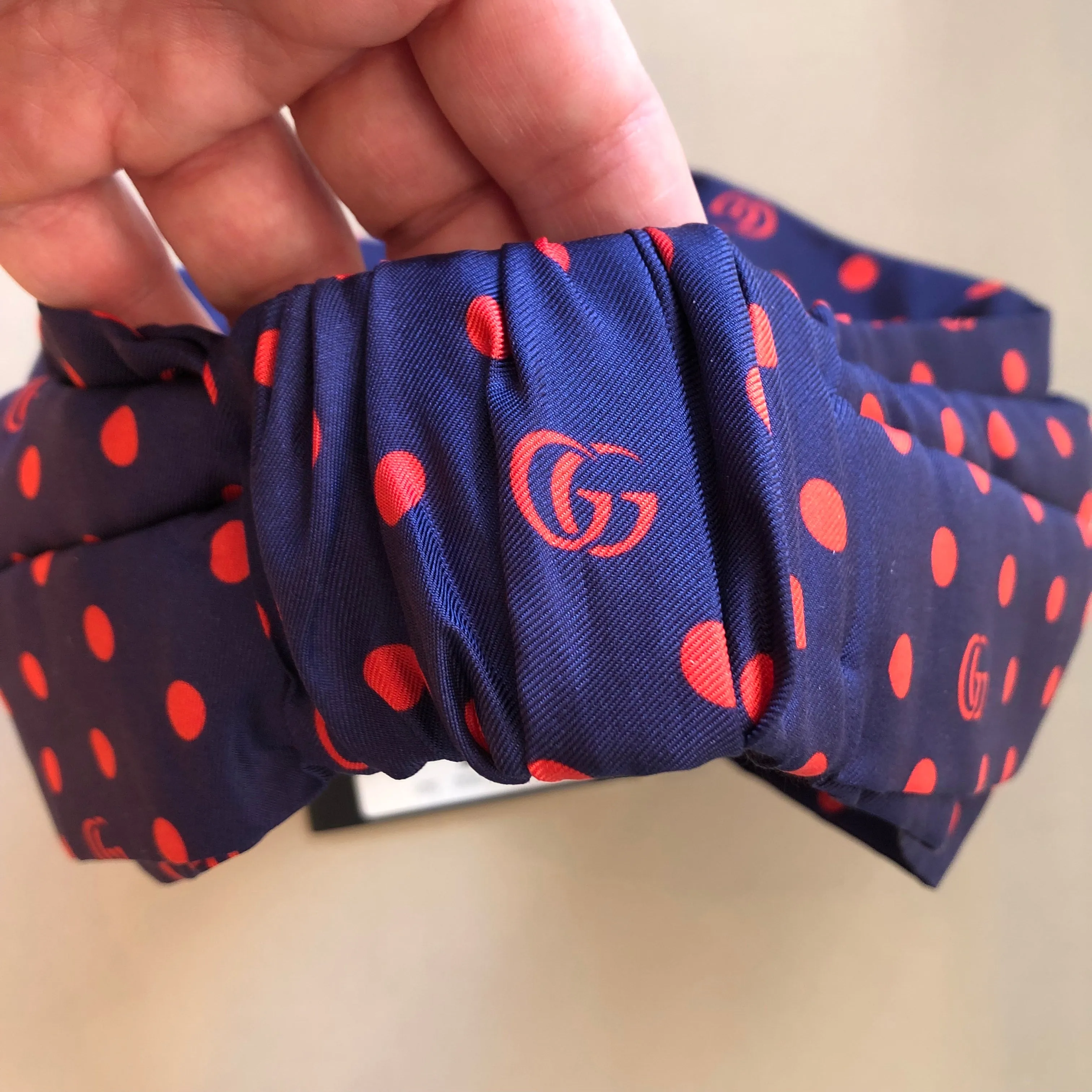 Gucci Navy Headband with Red Polka Dots and Interlocking GG