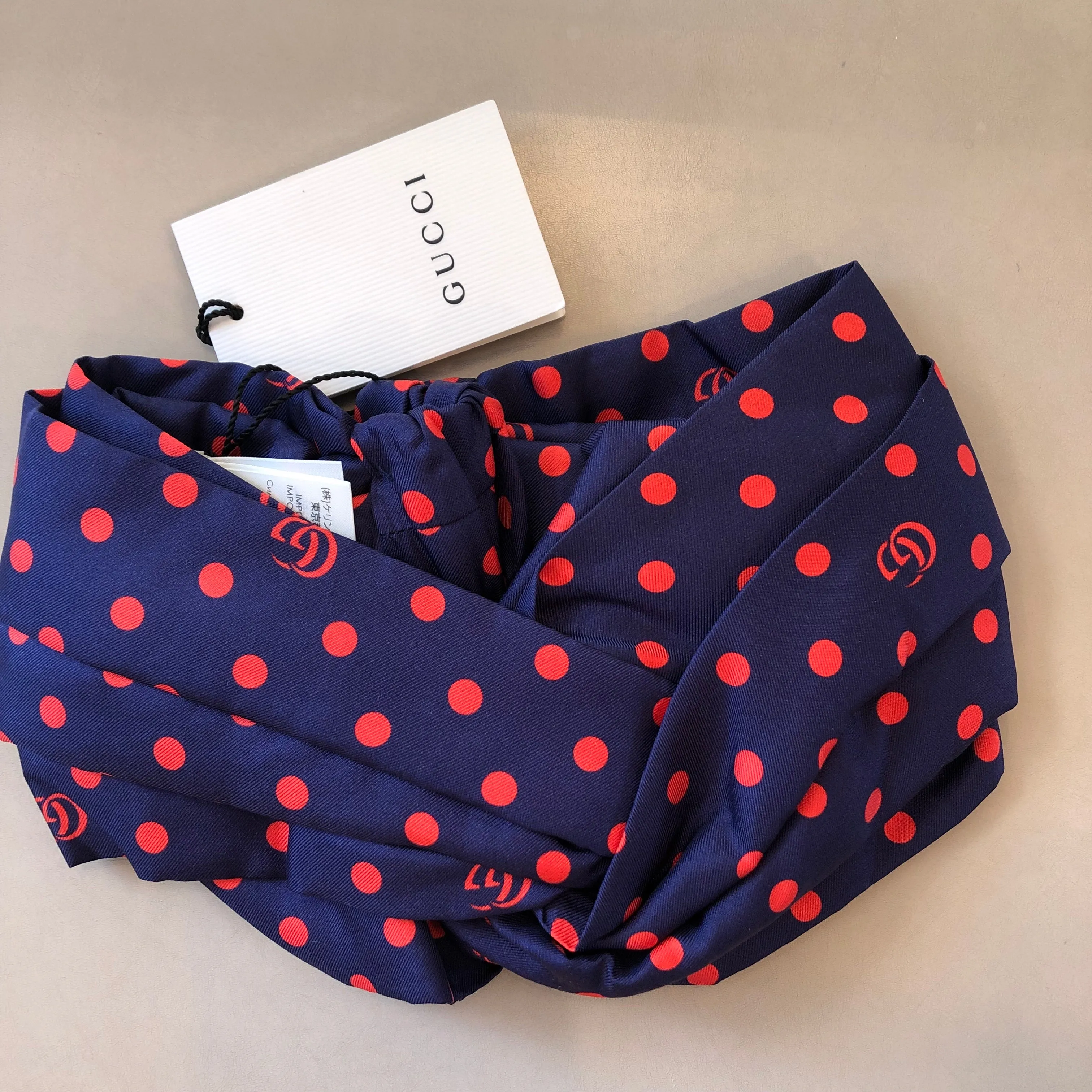 Gucci Navy Headband with Red Polka Dots and Interlocking GG