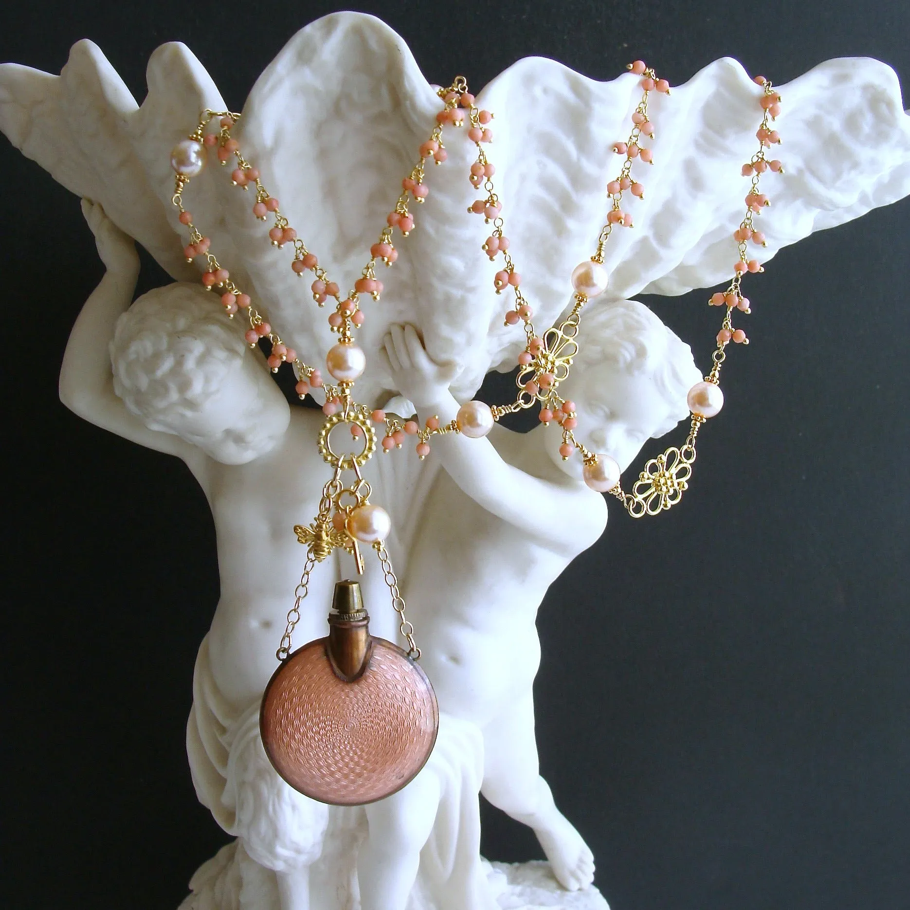 Guilloche Chatelaine Scent Bottle Coral Cluster Necklace - Aline Necklace