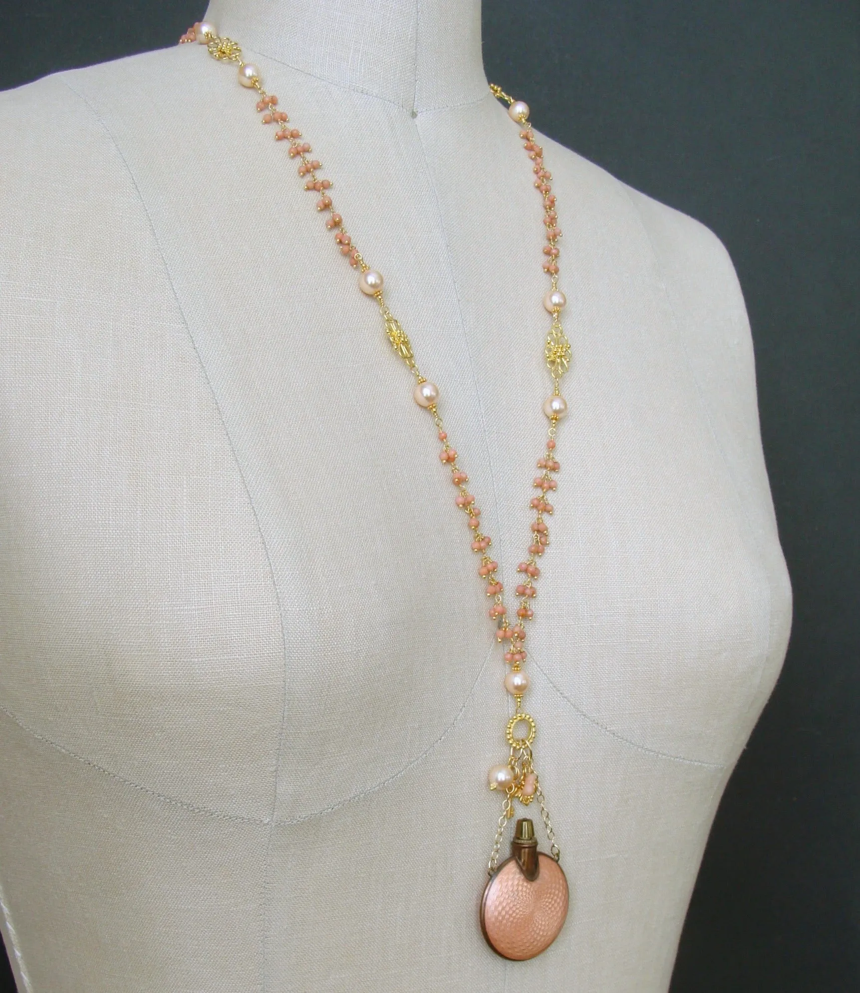 Guilloche Chatelaine Scent Bottle Coral Cluster Necklace - Aline Necklace