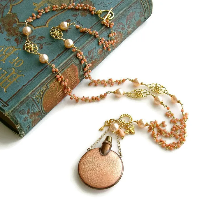 Guilloche Chatelaine Scent Bottle Coral Cluster Necklace - Aline Necklace
