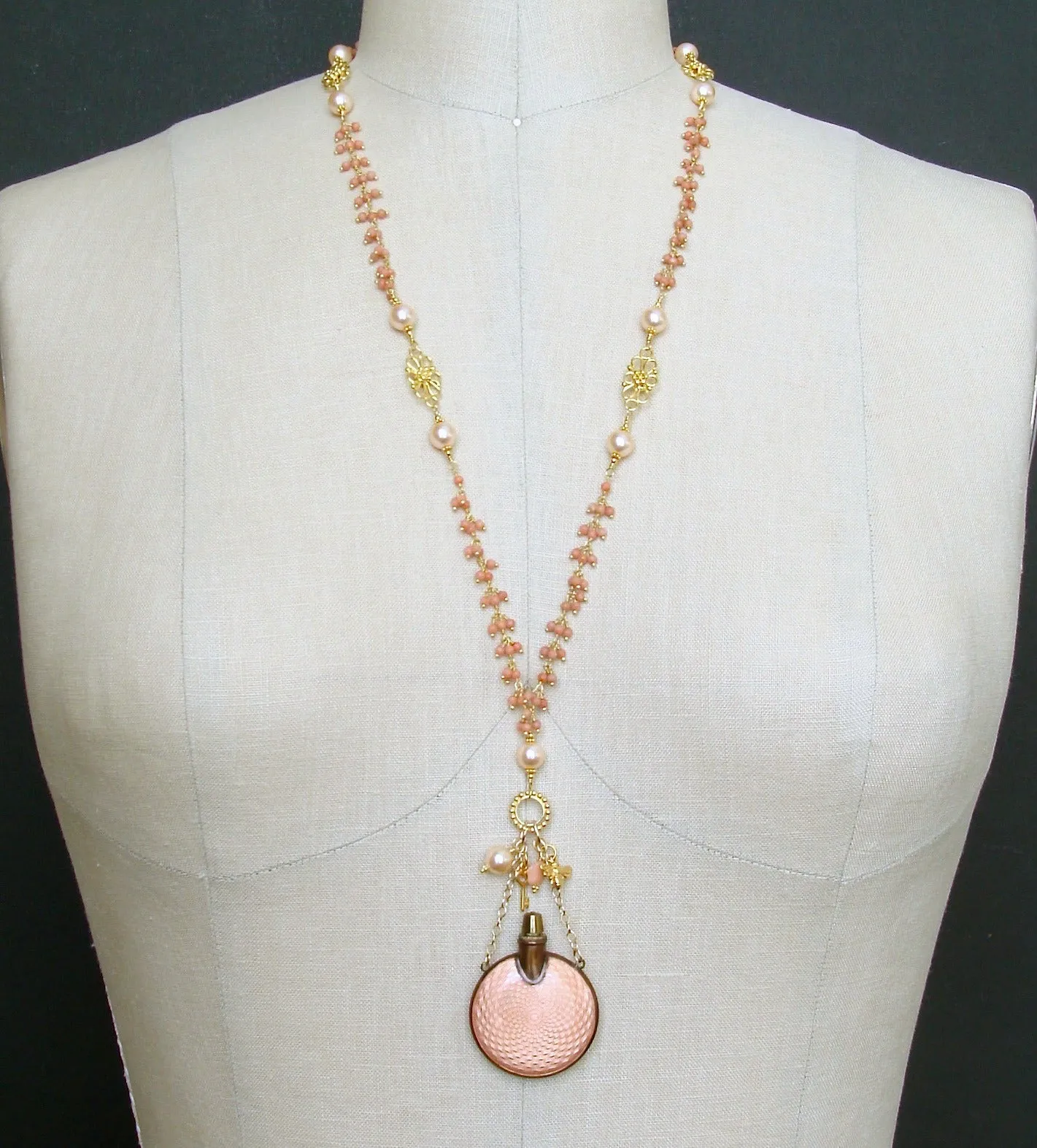 Guilloche Chatelaine Scent Bottle Coral Cluster Necklace - Aline Necklace