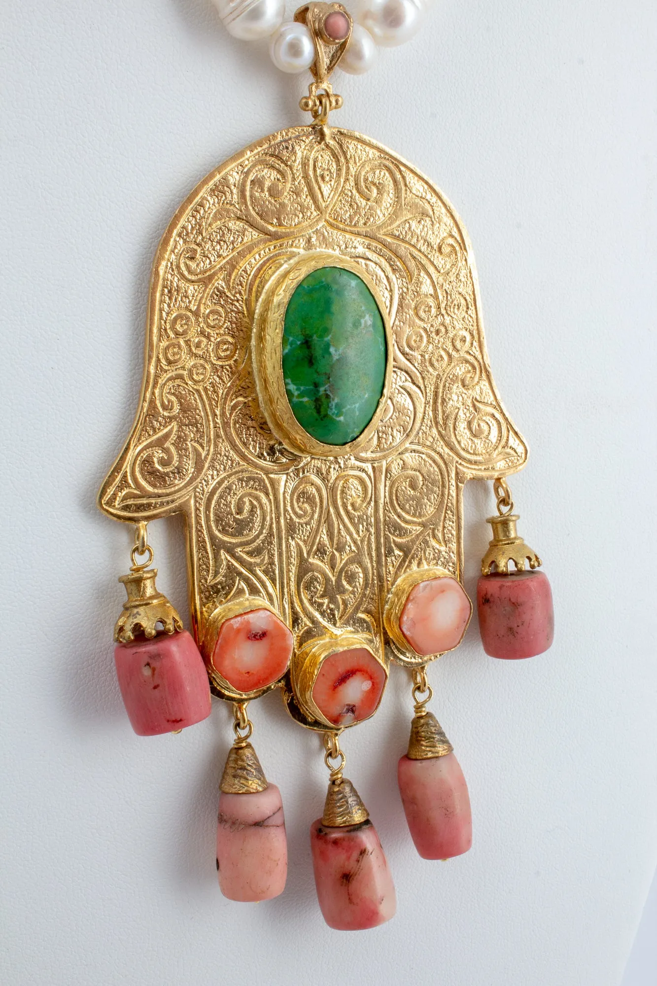 Handmade Pearl & Coral Hamsa Pendant Statement Necklace from Istanbul