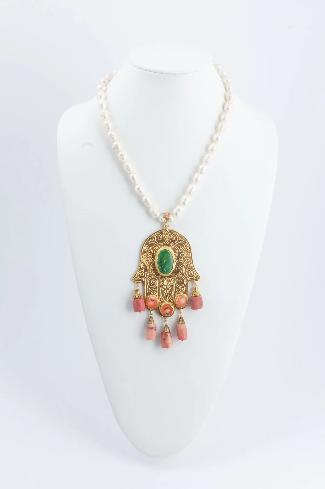 Handmade Pearl & Coral Hamsa Pendant Statement Necklace from Istanbul