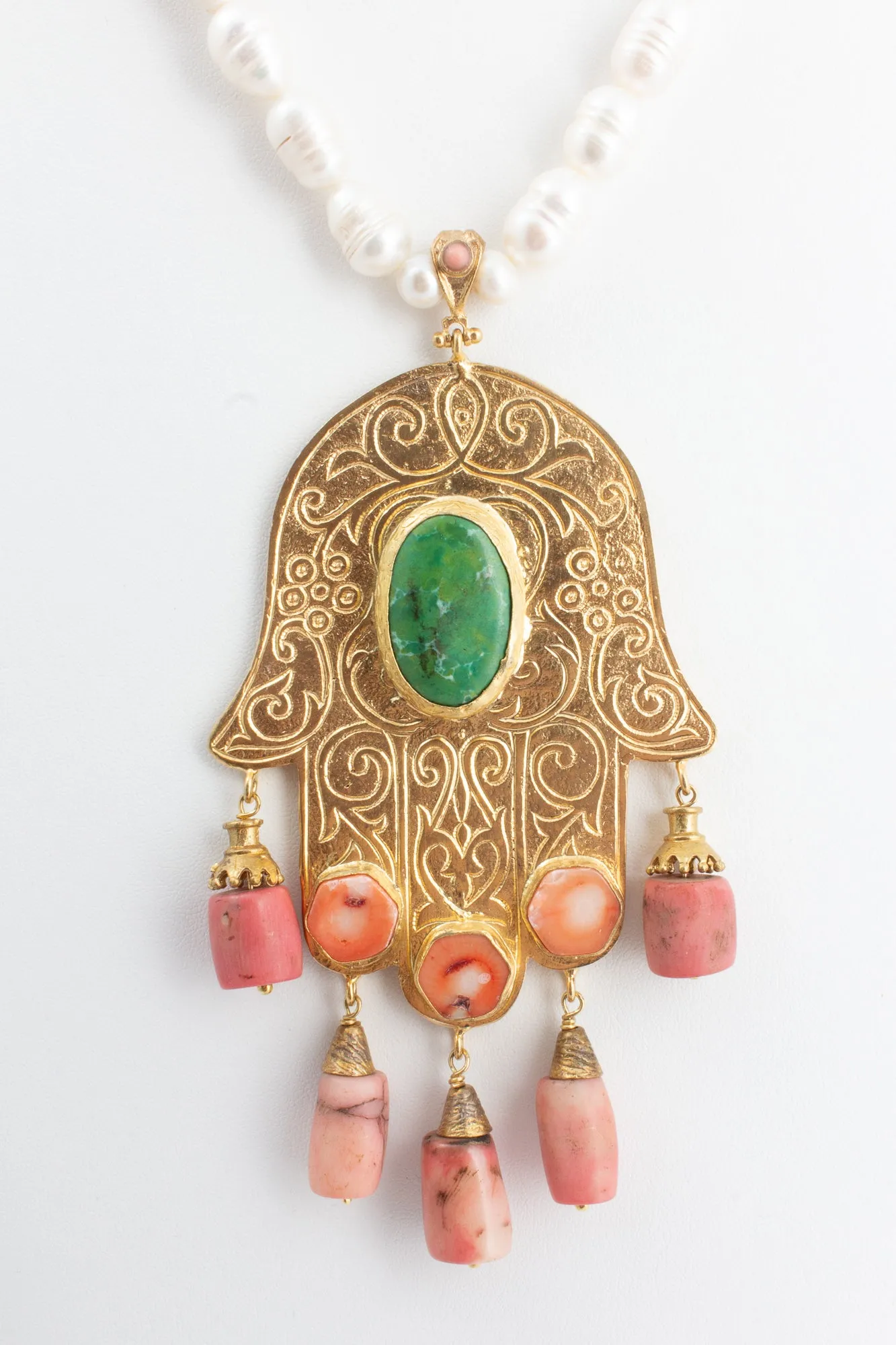 Handmade Pearl & Coral Hamsa Pendant Statement Necklace from Istanbul