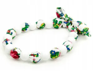Handmade Polish Floral Folk Bead Fabric White Necklace (Korale Goralskie)