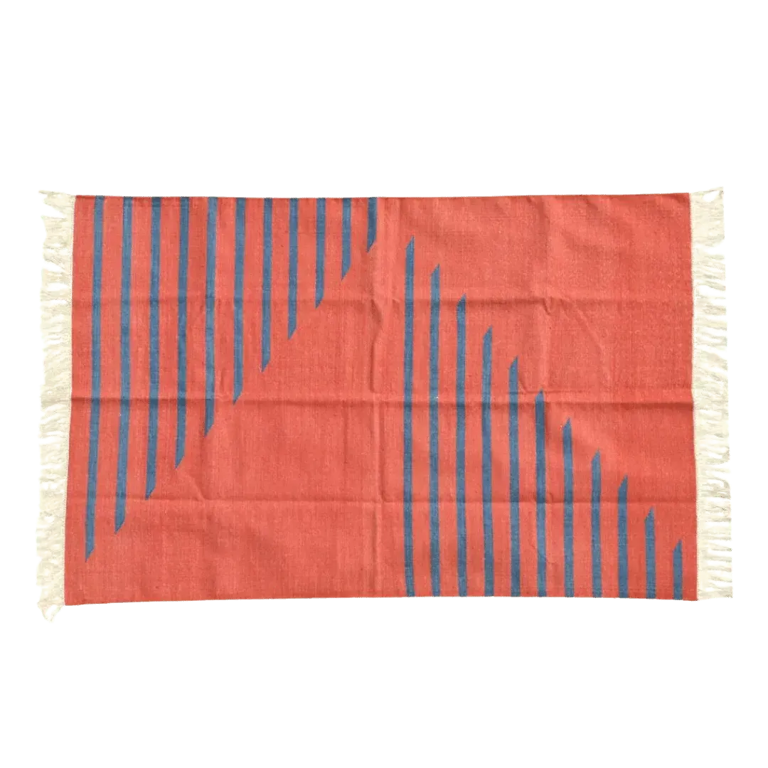 Handwoven Tagerine Blue Stripe Cotton Rug with Fringes