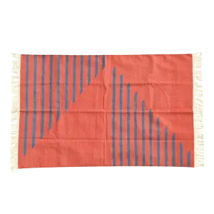Handwoven Tagerine Blue Stripe Cotton Rug with Fringes