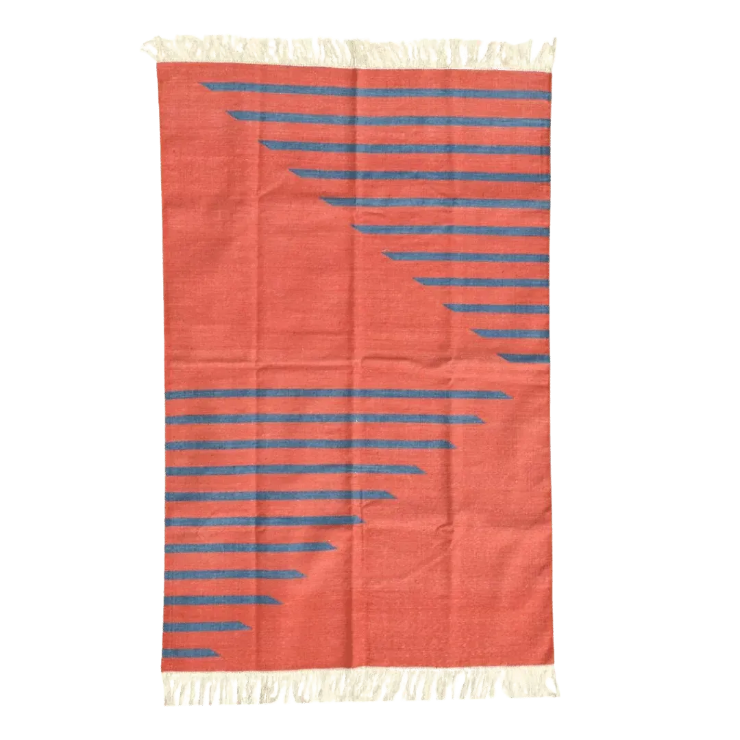 Handwoven Tagerine Blue Stripe Cotton Rug with Fringes