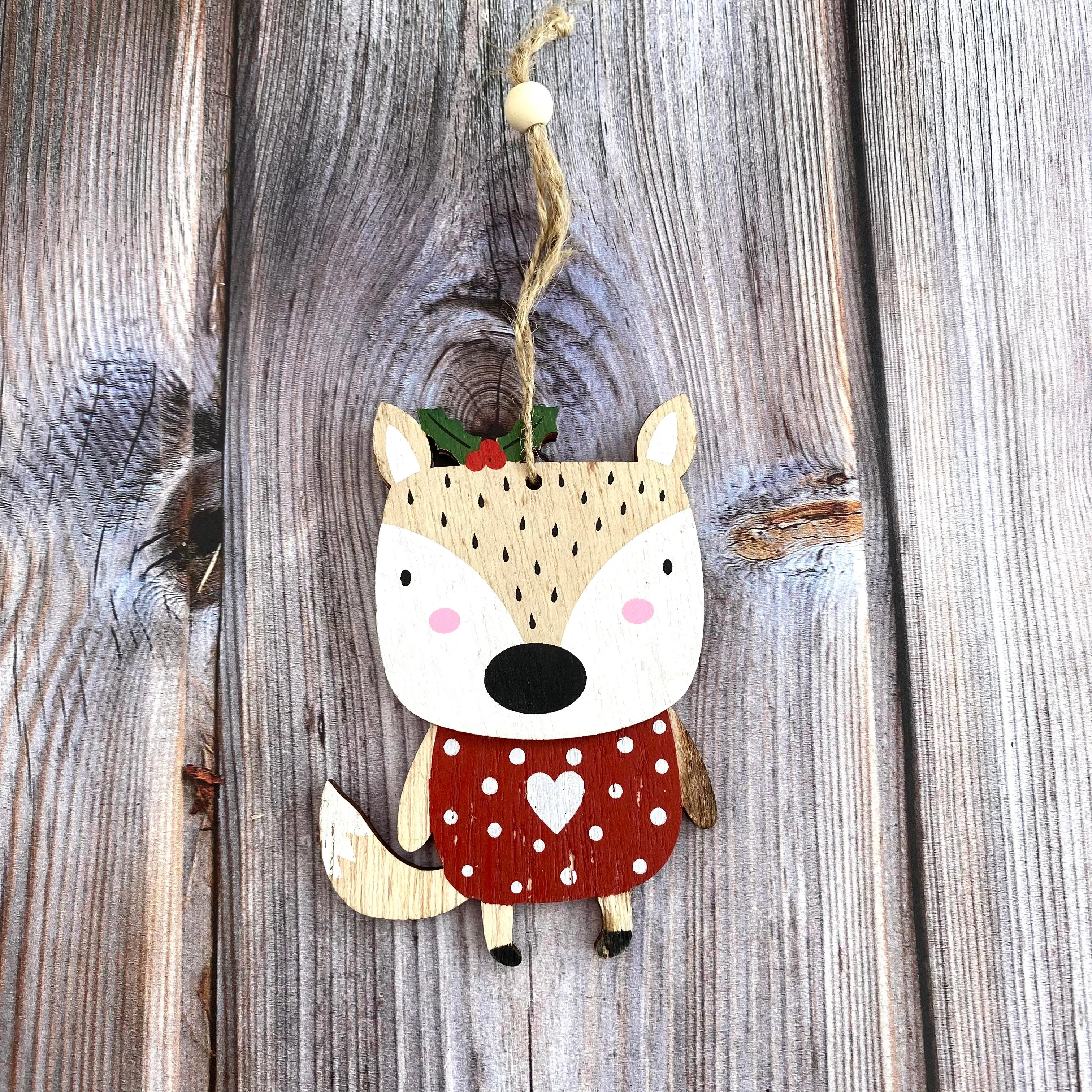 Hanging Wooden Fox with Holly