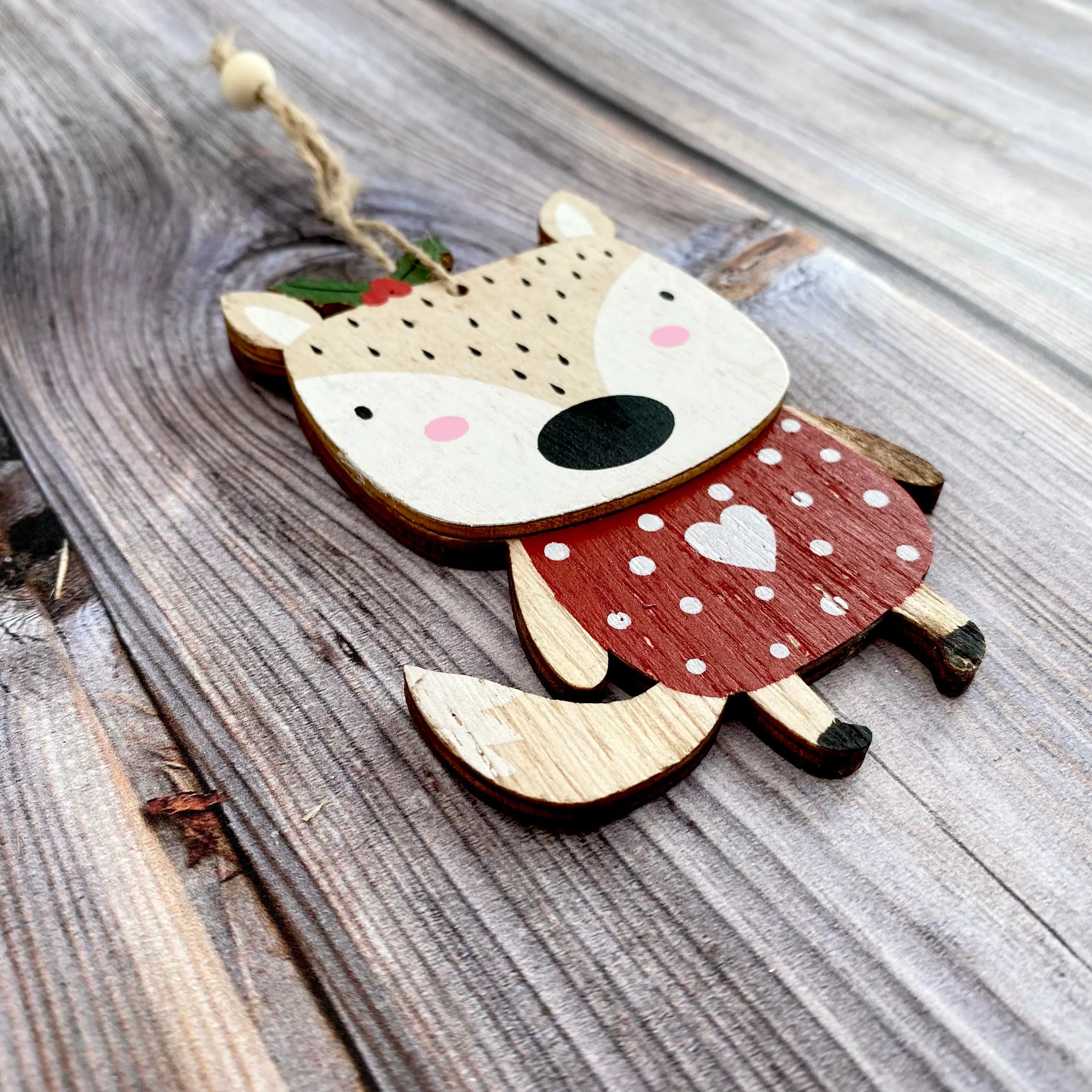 Hanging Wooden Fox with Holly