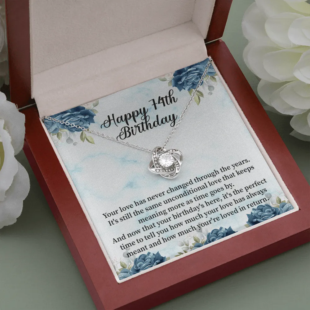 Happy 74th Birthday - Love Knot Necklace Message Card
