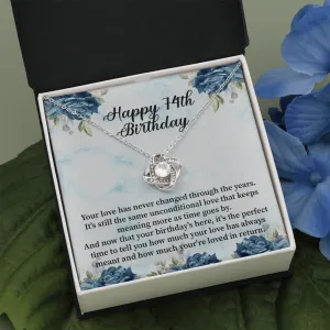 Happy 74th Birthday - Love Knot Necklace Message Card