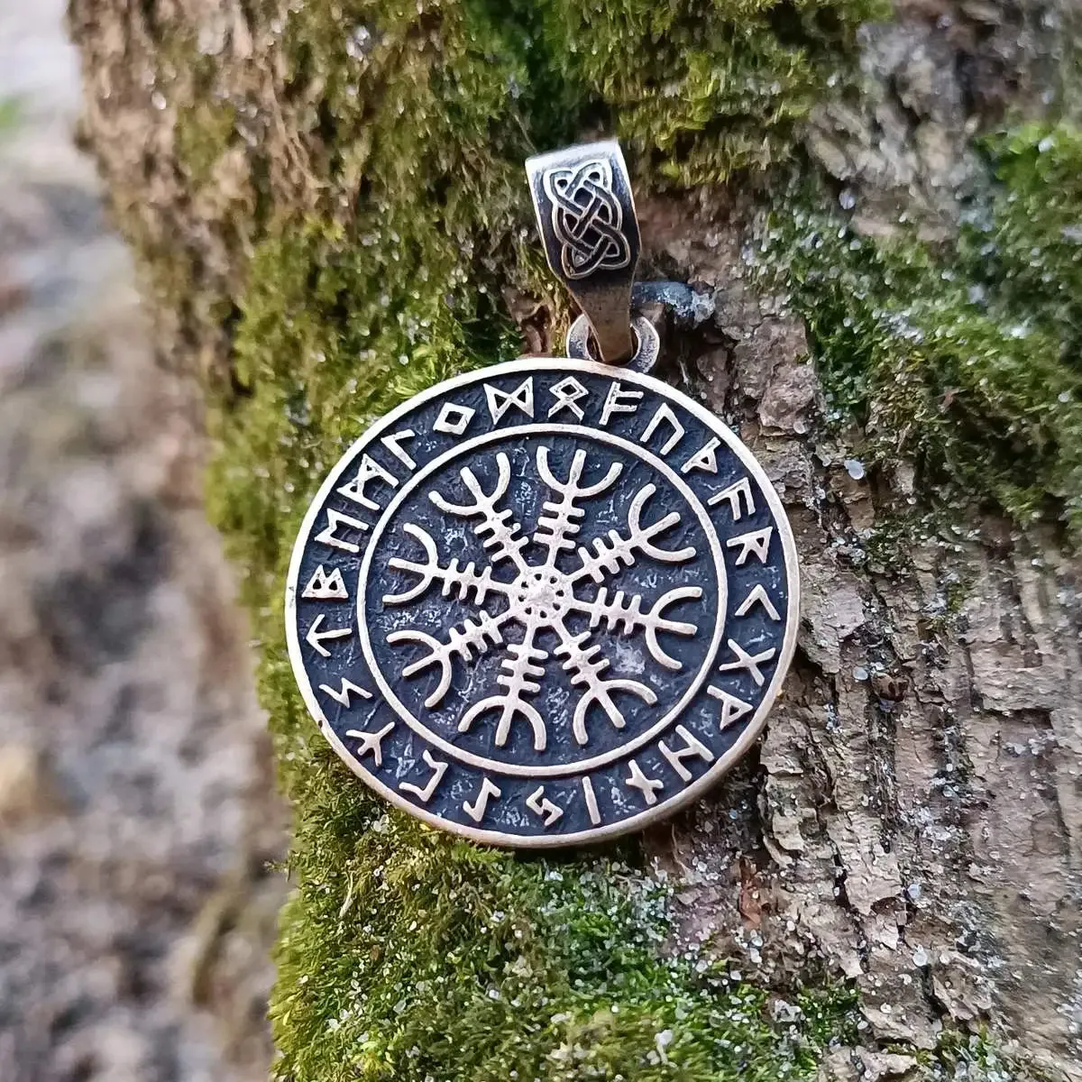 Helm of awe in circle of Elder Futhark runes bronze pendant