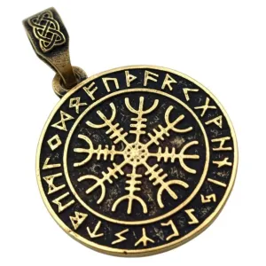 Helm of awe in circle of Elder Futhark runes bronze pendant