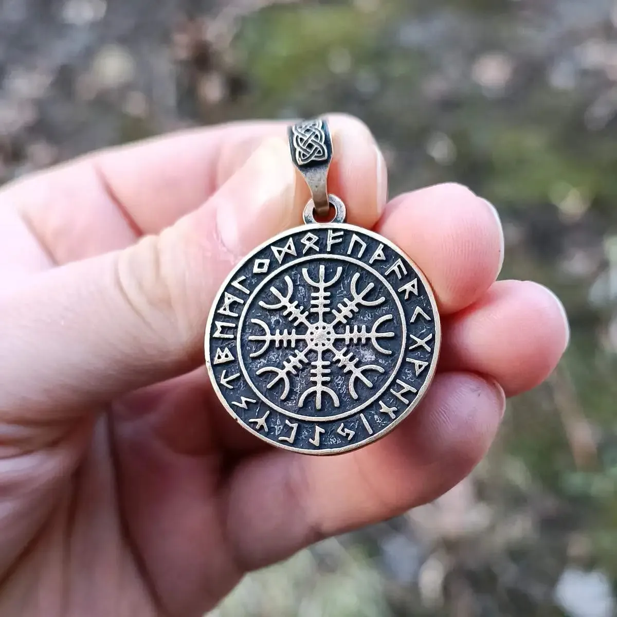 Helm of awe in circle of Elder Futhark runes bronze pendant