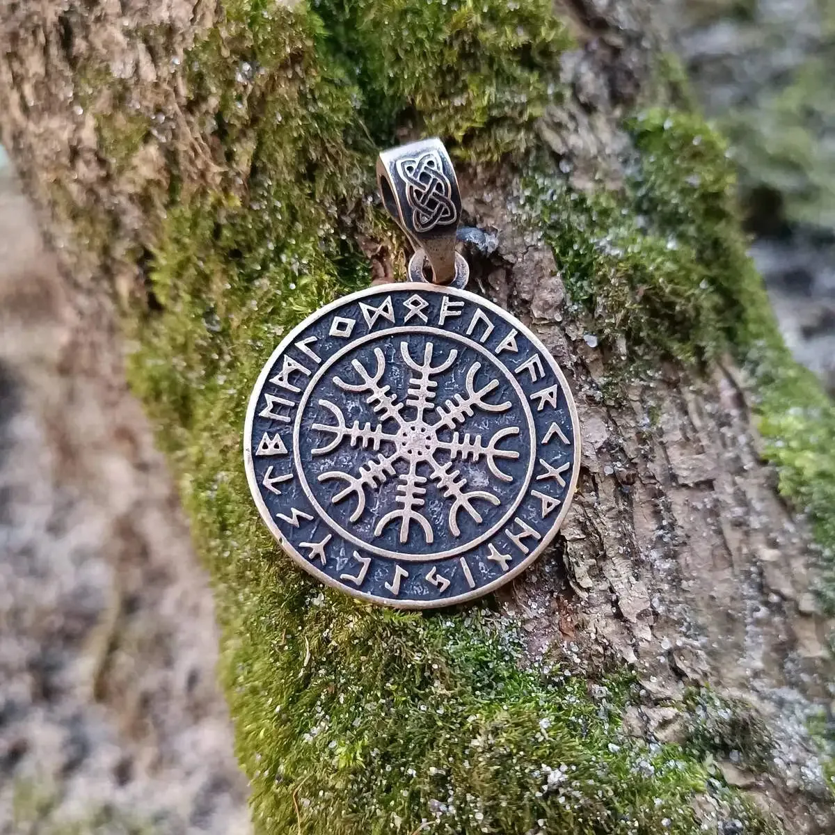 Helm of awe in circle of Elder Futhark runes bronze pendant
