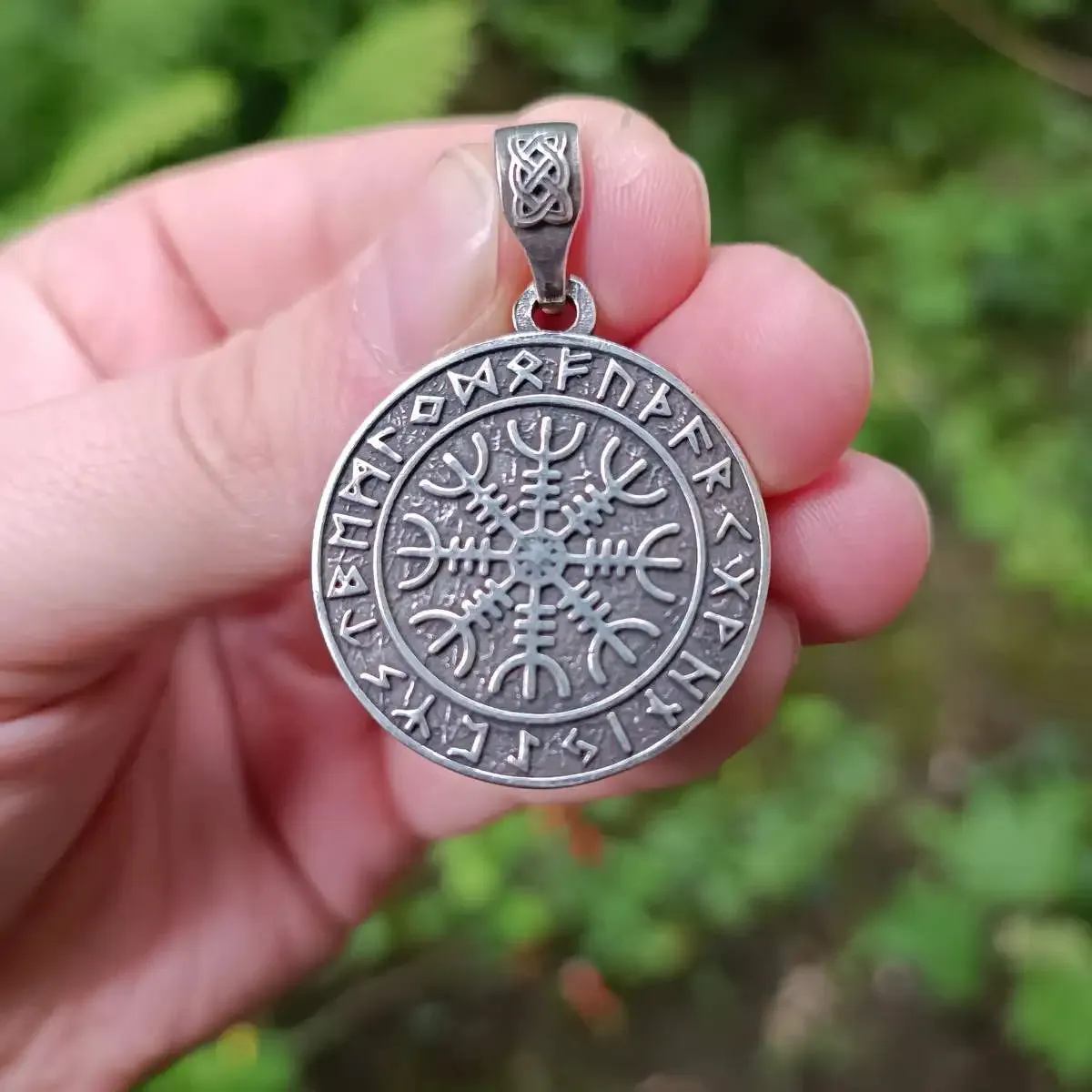 Helm of Awe in Futhark circle silver pendant