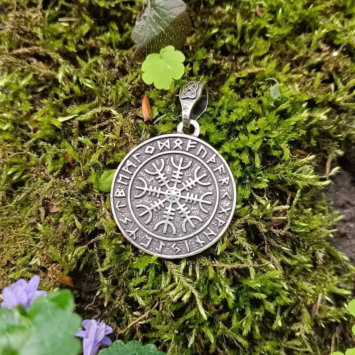 Helm of Awe in Futhark circle silver pendant