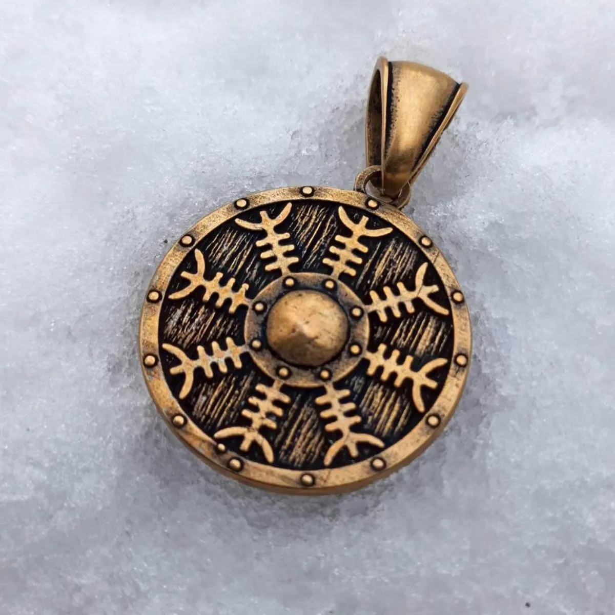 Helm of Awe on Viking shield bronze pendant