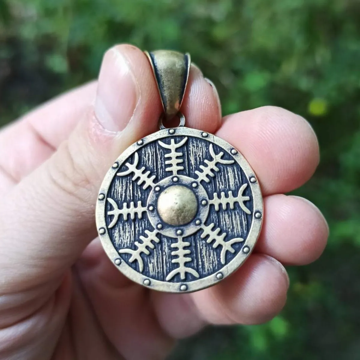 Helm of Awe on Viking shield bronze pendant