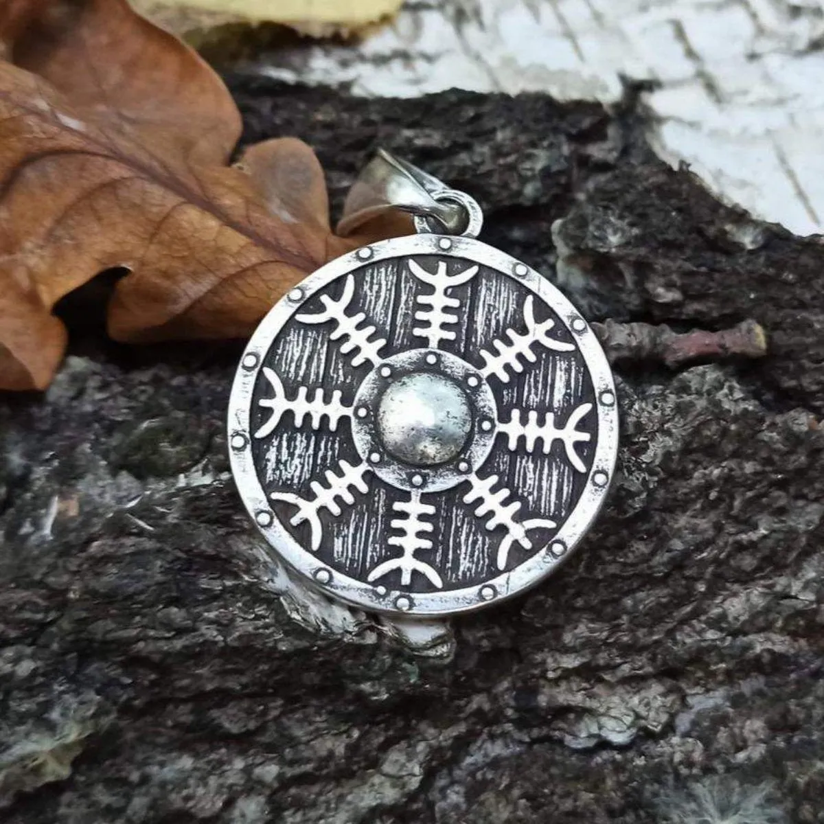 Helm of Awe on Viking shield silver plated pendant