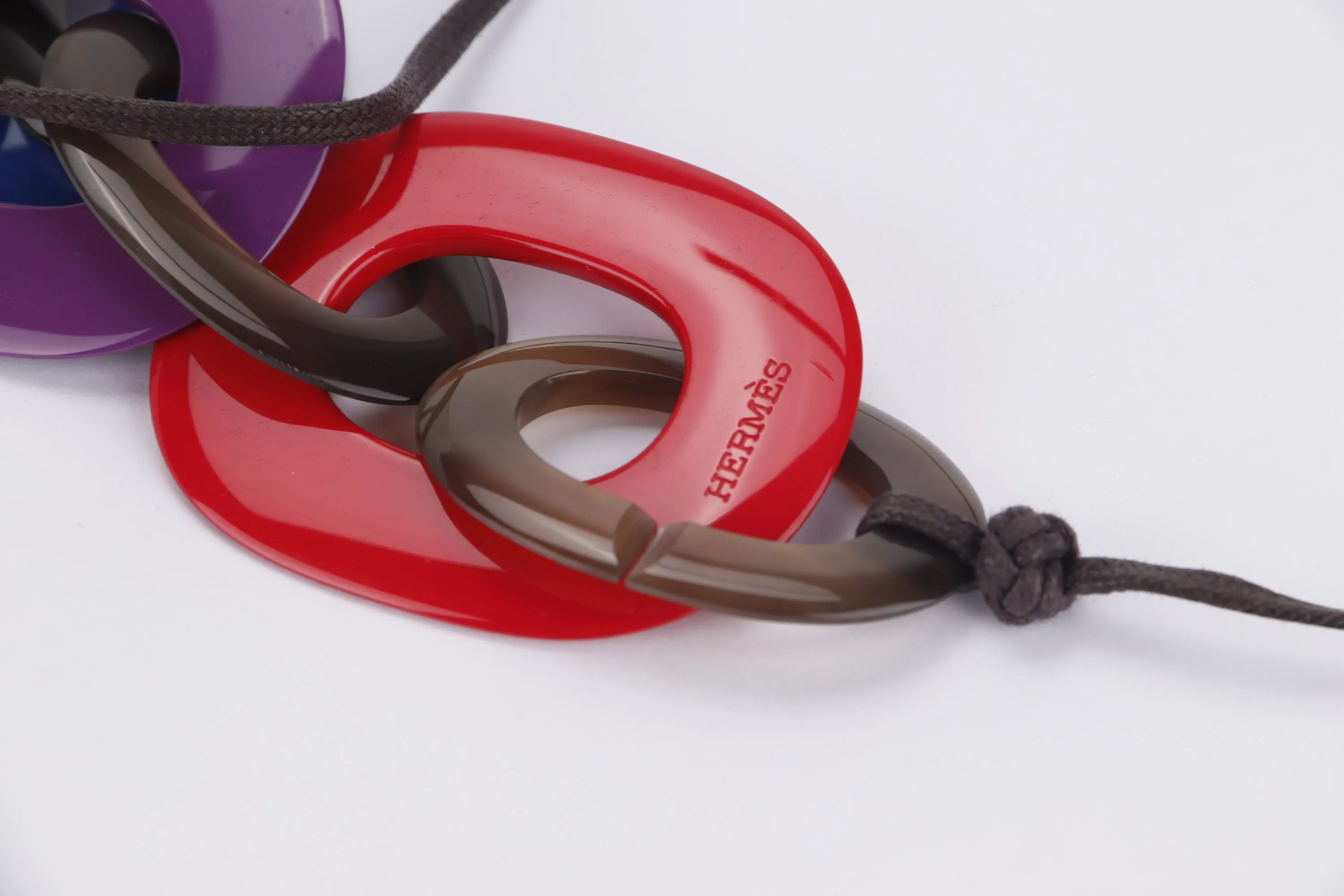 HERMES BUFFALO HORN NECKLACE RED, PURPLE, BLUE ENAMEL, WITH DUST COVER