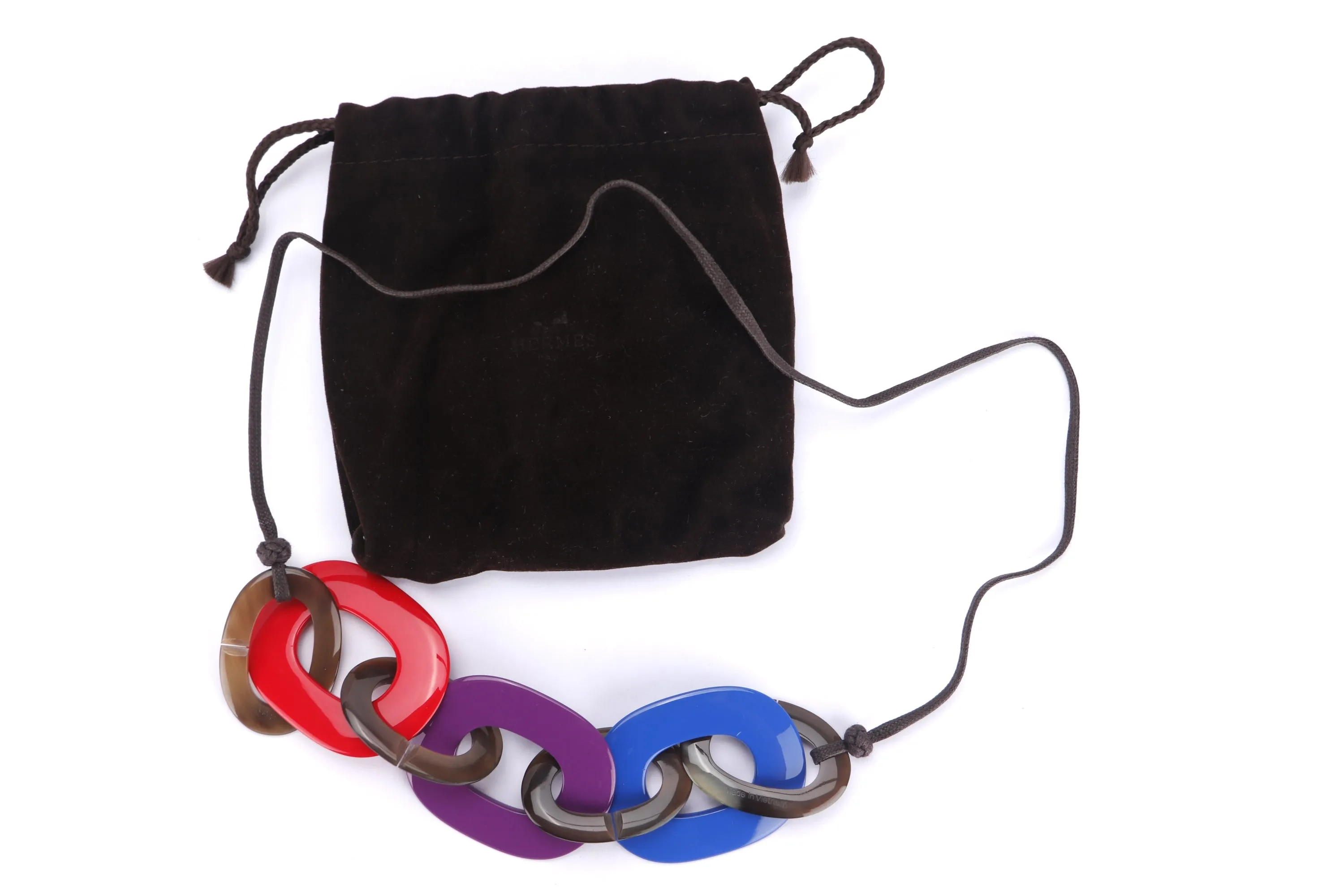 HERMES BUFFALO HORN NECKLACE RED, PURPLE, BLUE ENAMEL, WITH DUST COVER