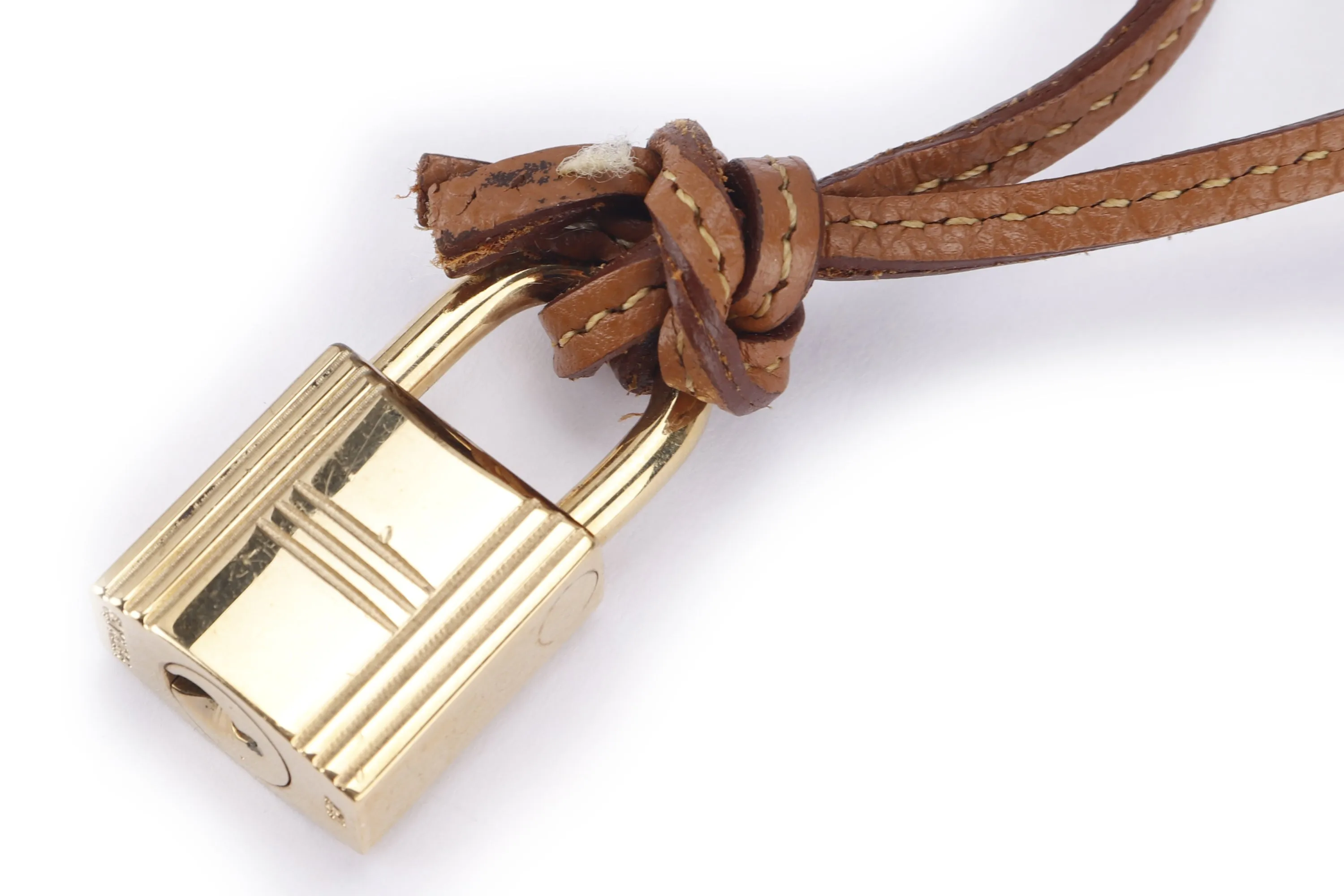 HERMES GOLD PLATED LOCK (Ref.127) NECKLACE WITH BROWN LEATHER STRAP