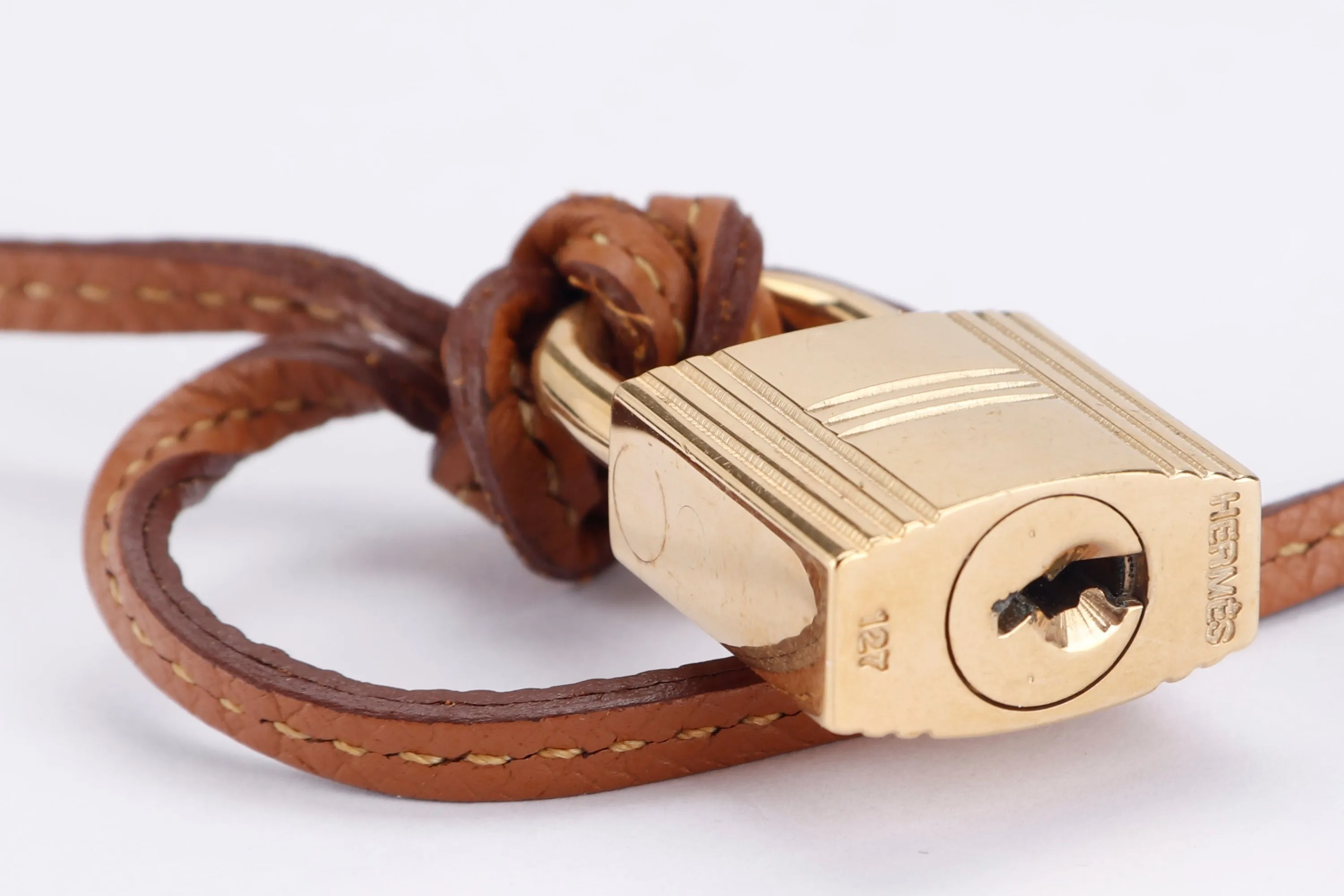HERMES GOLD PLATED LOCK (Ref.127) NECKLACE WITH BROWN LEATHER STRAP
