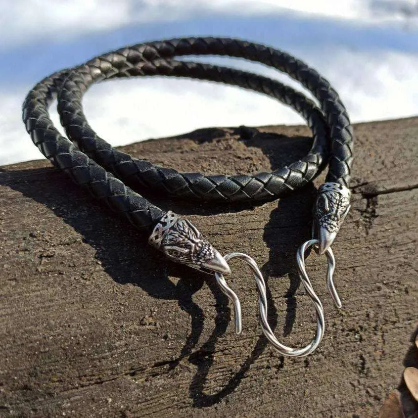 Huginn and Muninn leather necklace with silver plated clasps