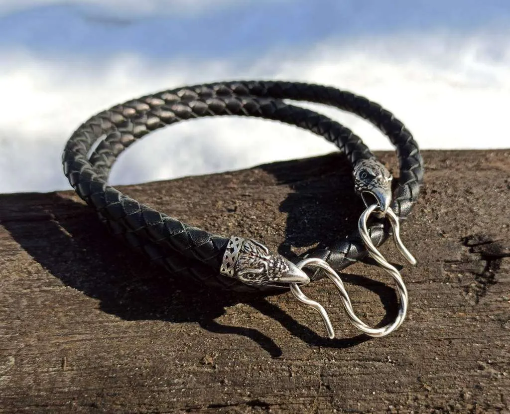 Huginn and Muninn leather necklace with silver plated clasps