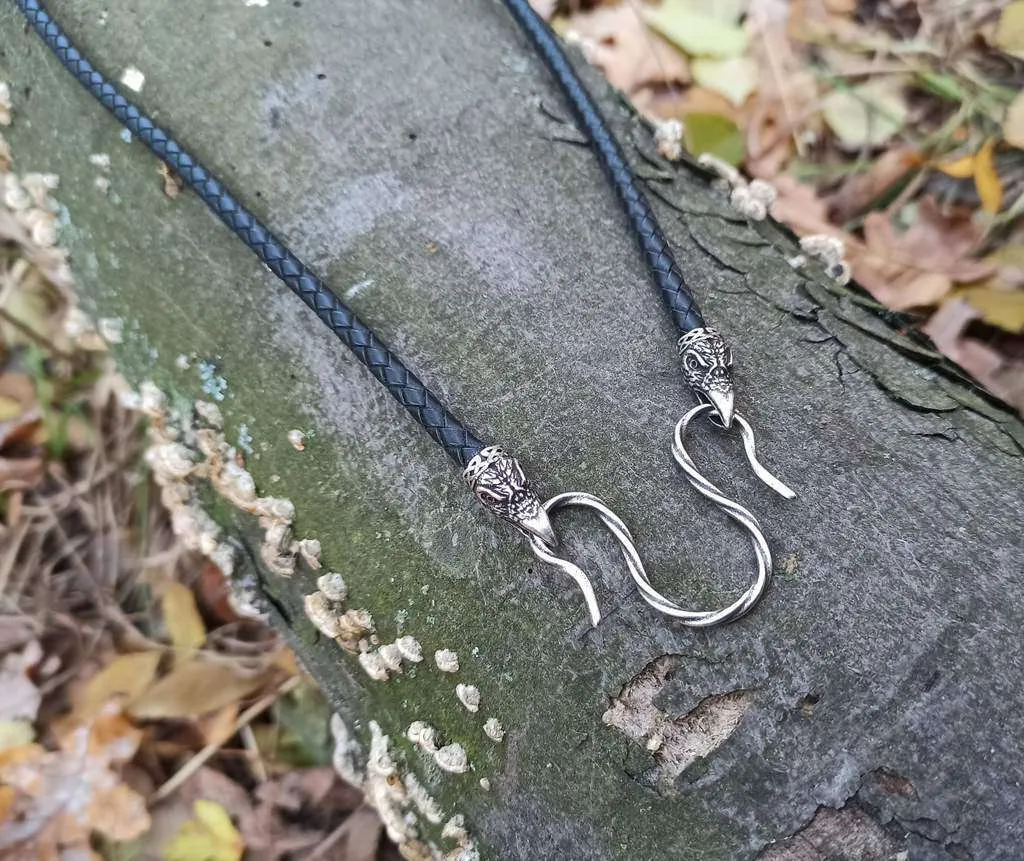 Huginn and Muninn leather necklace with silver plated clasps