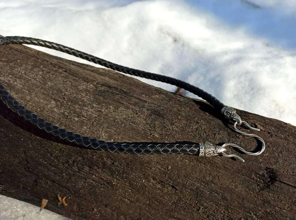 Huginn and Muninn leather necklace with silver plated clasps