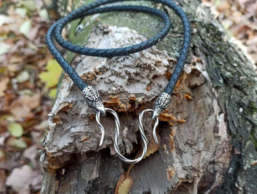 Huginn and Muninn leather necklace with silver plated clasps