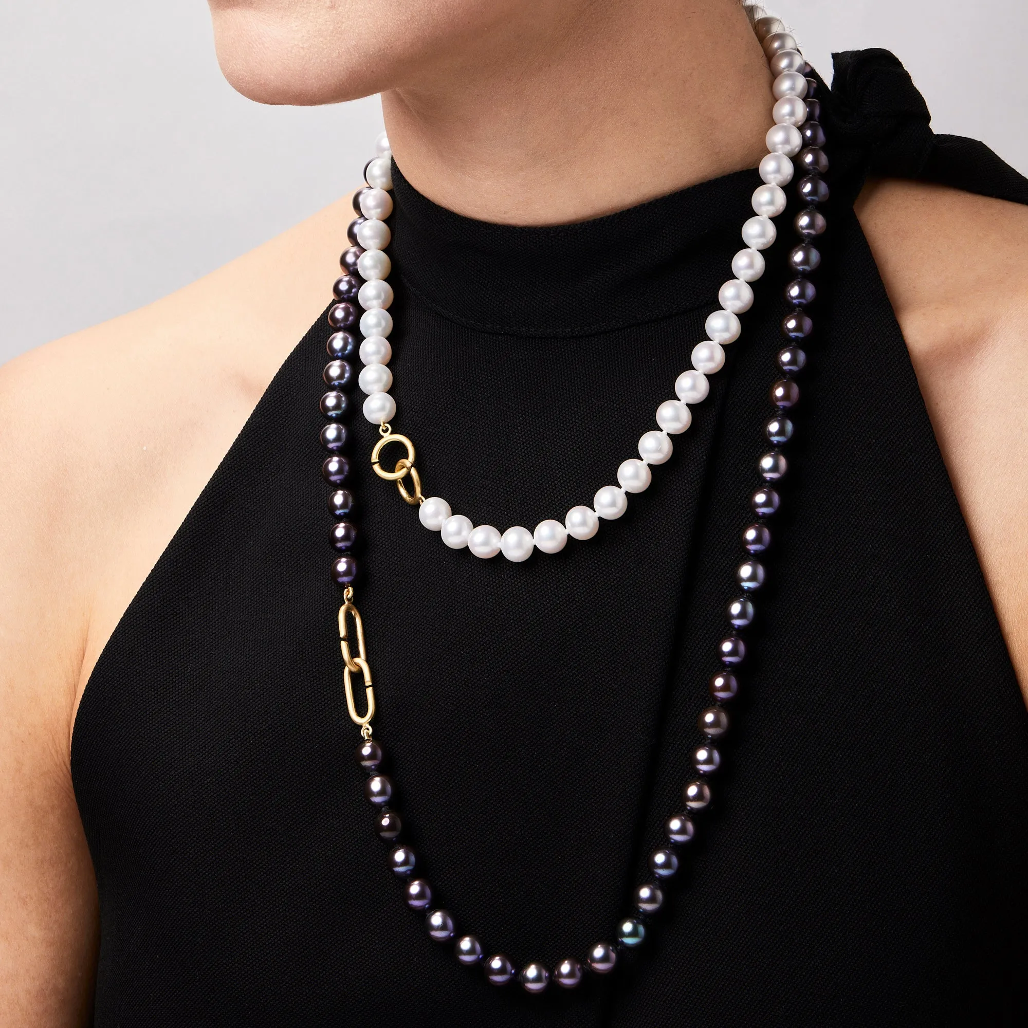 Hunter Necklace with Fresh Water Black Pearls in 20K Peach Gold- 26''