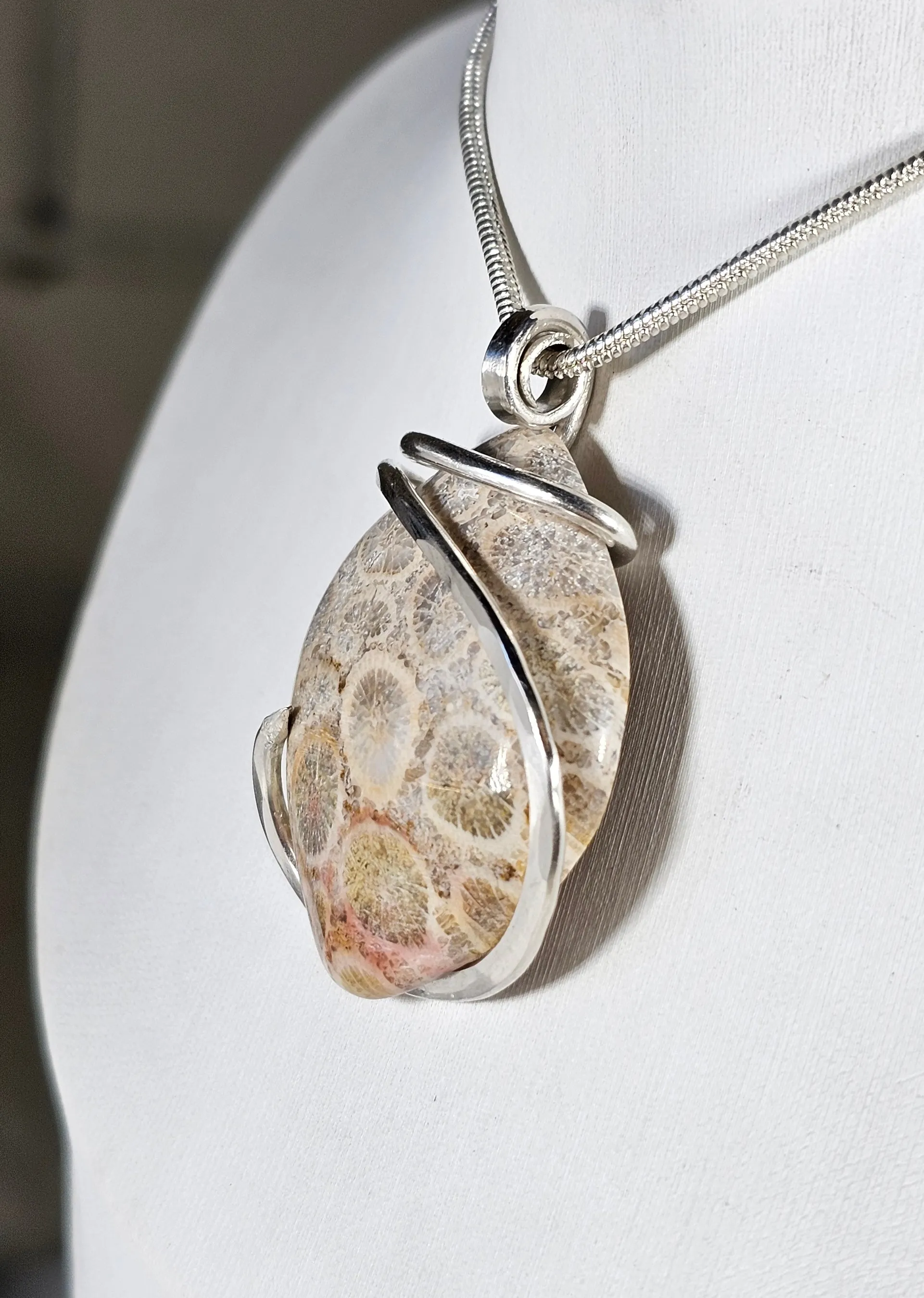 Indonesian Fossilized Coral Handmade Stone Pendant Wrapped in Silver