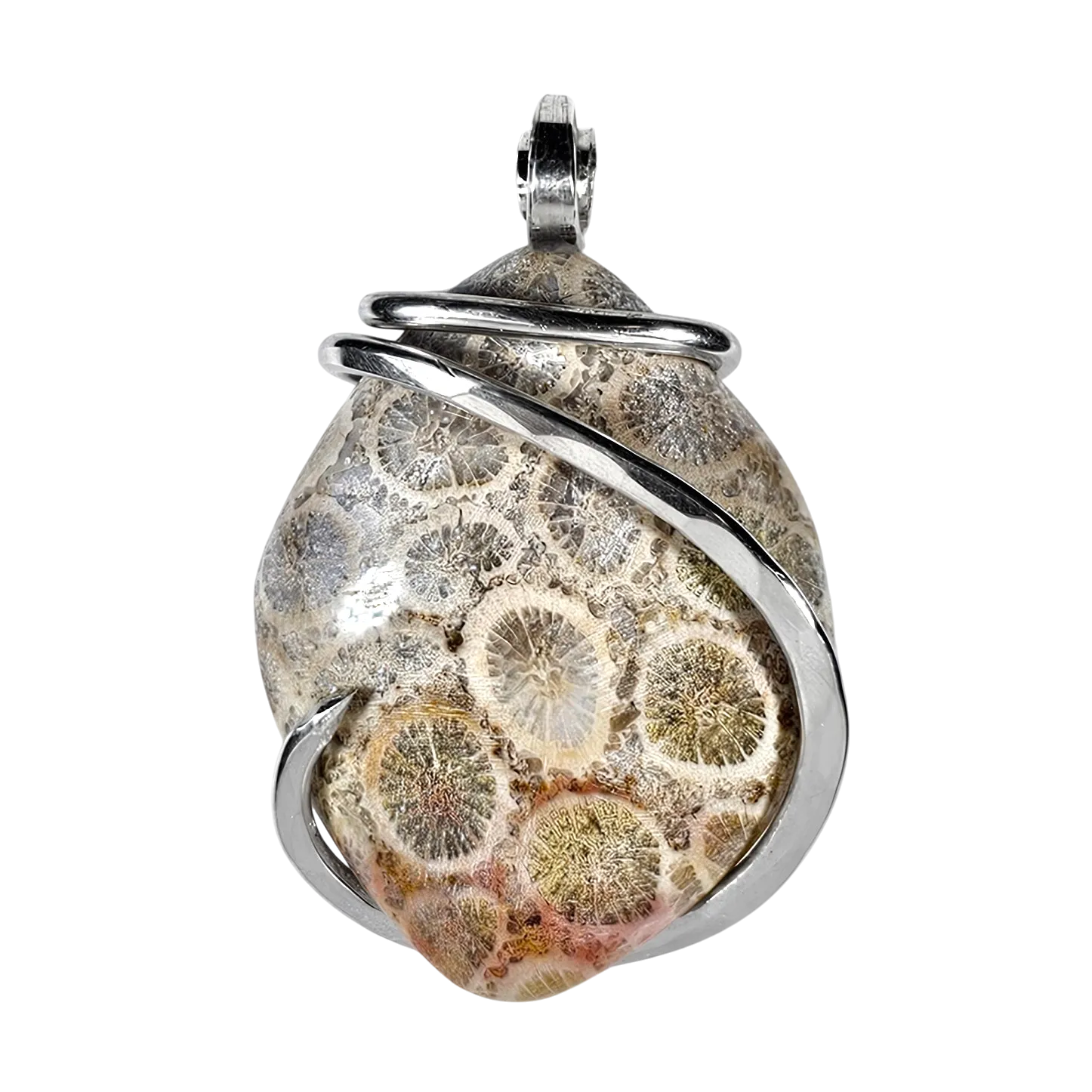 Indonesian Fossilized Coral Handmade Stone Pendant Wrapped in Silver