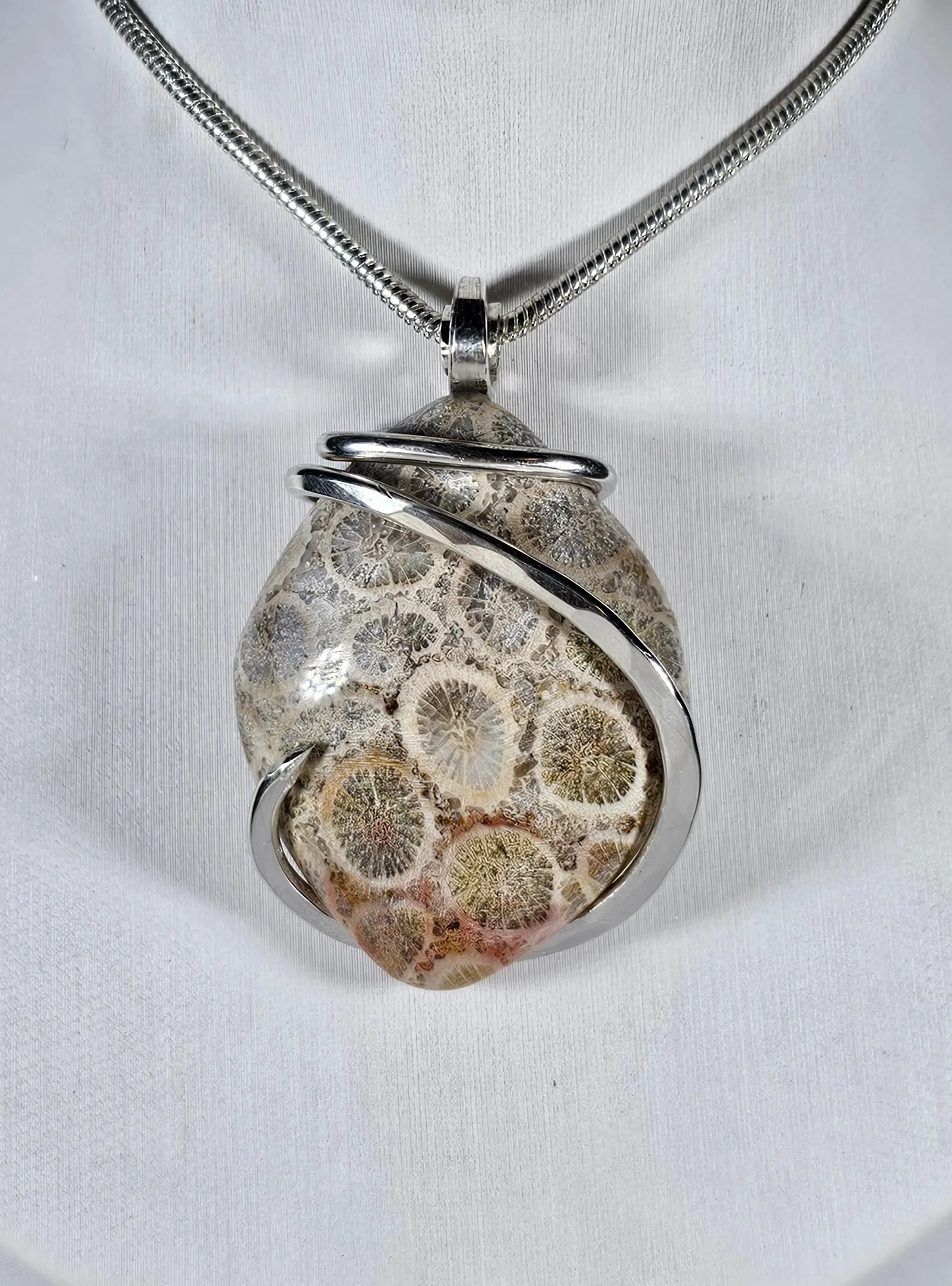 Indonesian Fossilized Coral Handmade Stone Pendant Wrapped in Silver