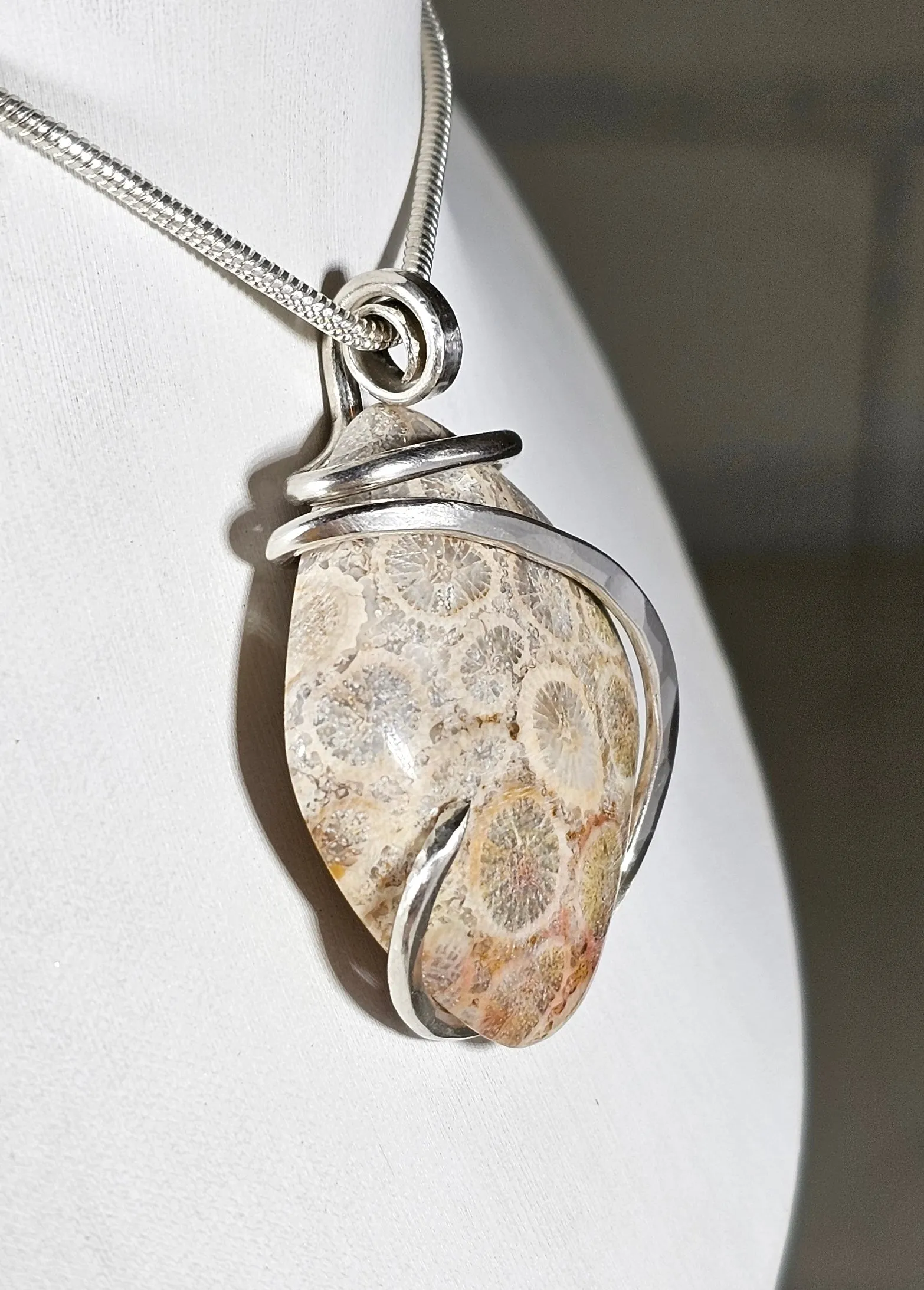 Indonesian Fossilized Coral Handmade Stone Pendant Wrapped in Silver