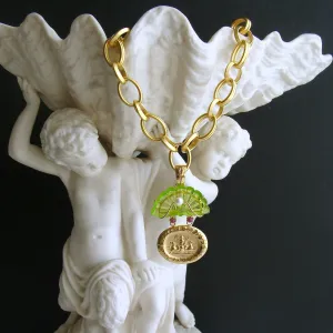 Intaglio Peridot Green Venetian Glass Shell Rubies Pearls Pendant Necklace - Irvina Necklace