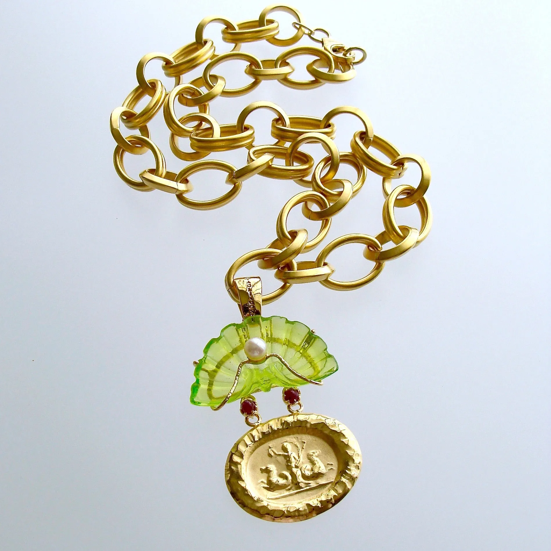 Intaglio Peridot Green Venetian Glass Shell Rubies Pearls Pendant Necklace - Irvina Necklace