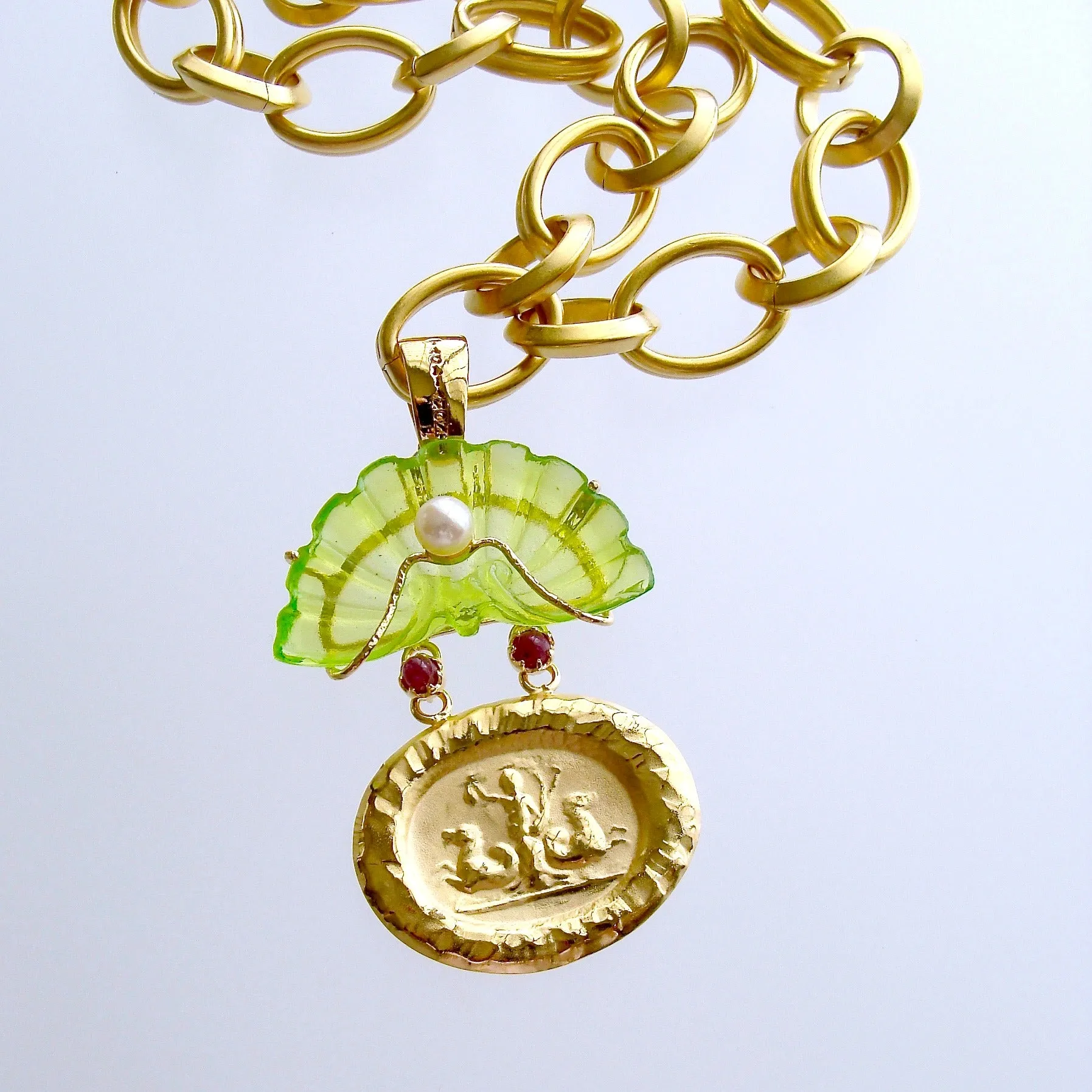 Intaglio Peridot Green Venetian Glass Shell Rubies Pearls Pendant Necklace - Irvina Necklace