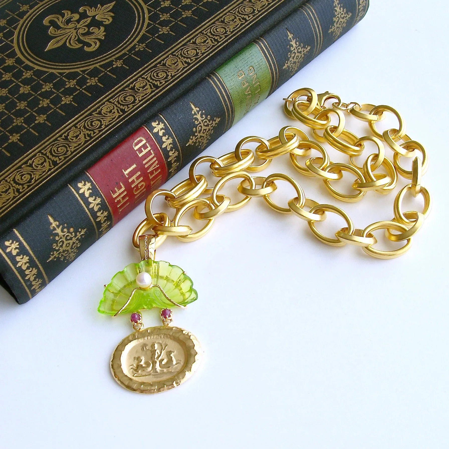Intaglio Peridot Green Venetian Glass Shell Rubies Pearls Pendant Necklace - Irvina Necklace