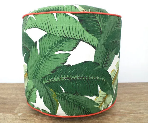 Isla Palm Print Poof Ottoman - Green & Coral