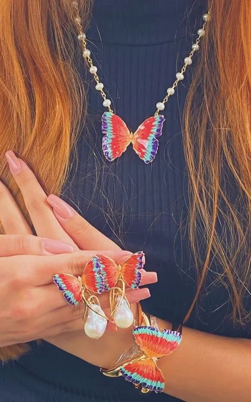 Italian Hand Painted Enamel Butterfly 18K Gold Plated Pearl Necklace