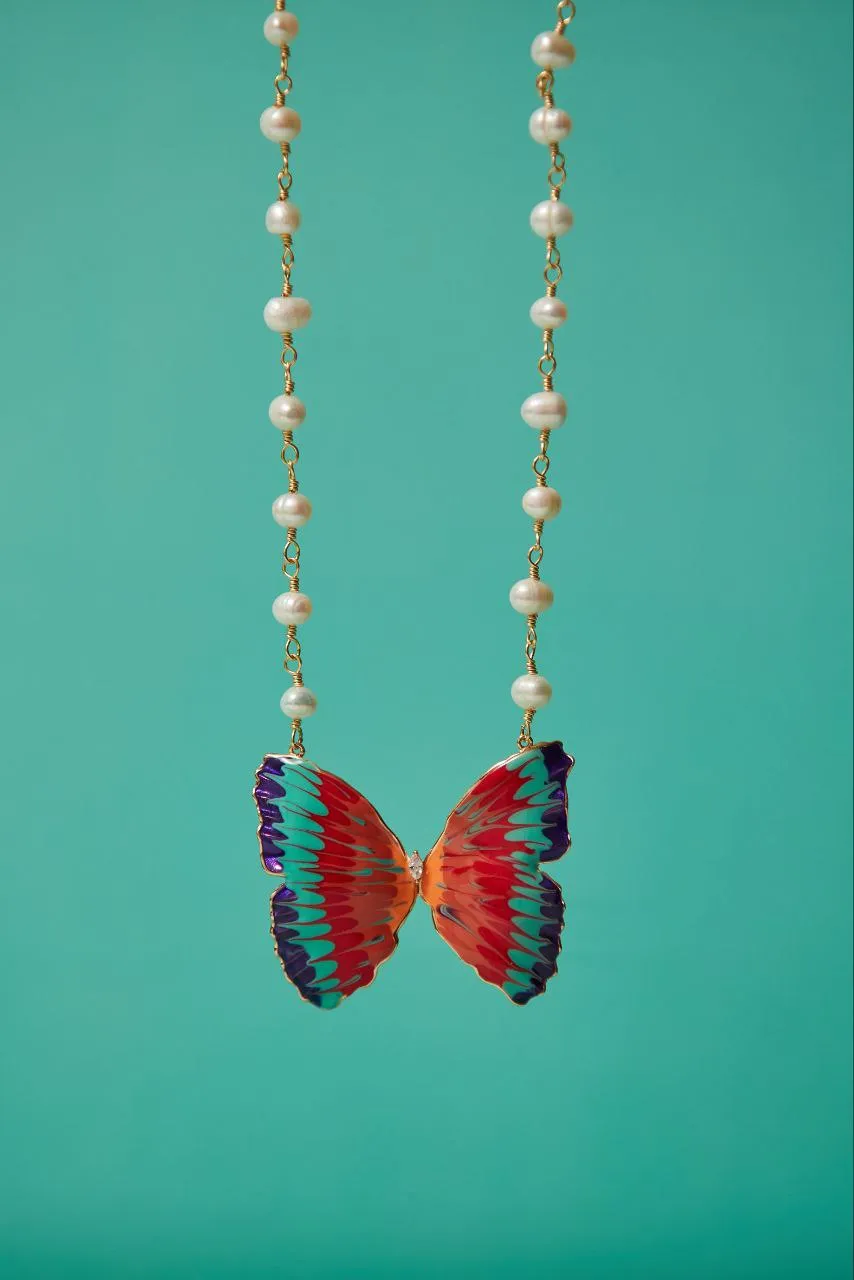 Italian Hand Painted Enamel Butterfly 18K Gold Plated Pearl Necklace