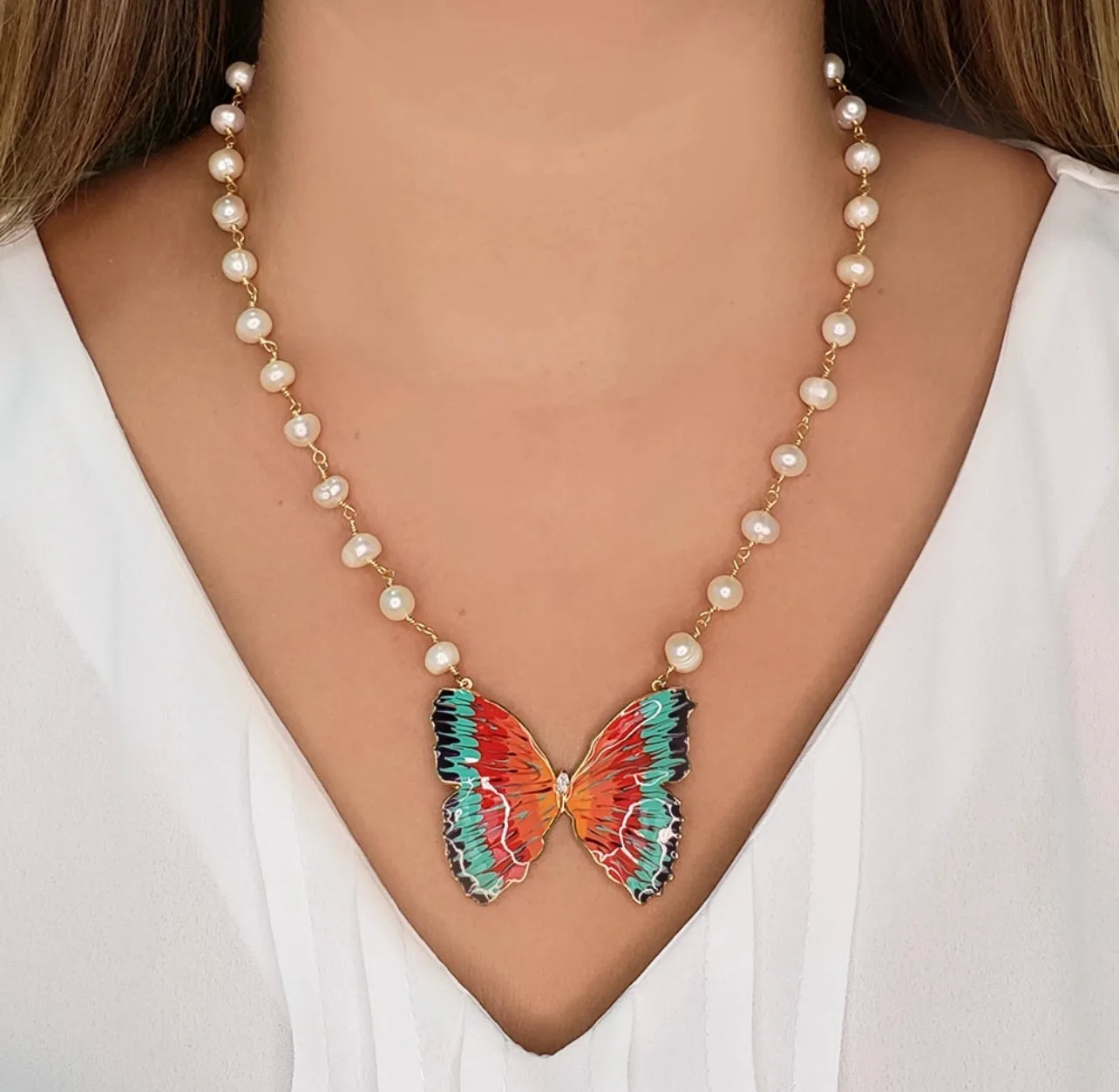 Italian Hand Painted Enamel Butterfly 18K Gold Plated Pearl Necklace