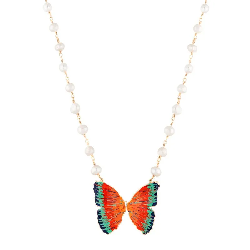 Italian Hand Painted Enamel Butterfly 18K Gold Plated Pearl Necklace